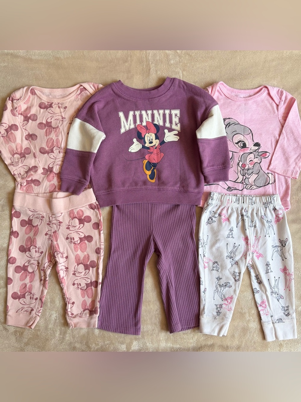DISNEY BABY Bambi & Minnie Mouse Outfit Bundle 6-12M Long Sleeve & Pants, 3 Sets
